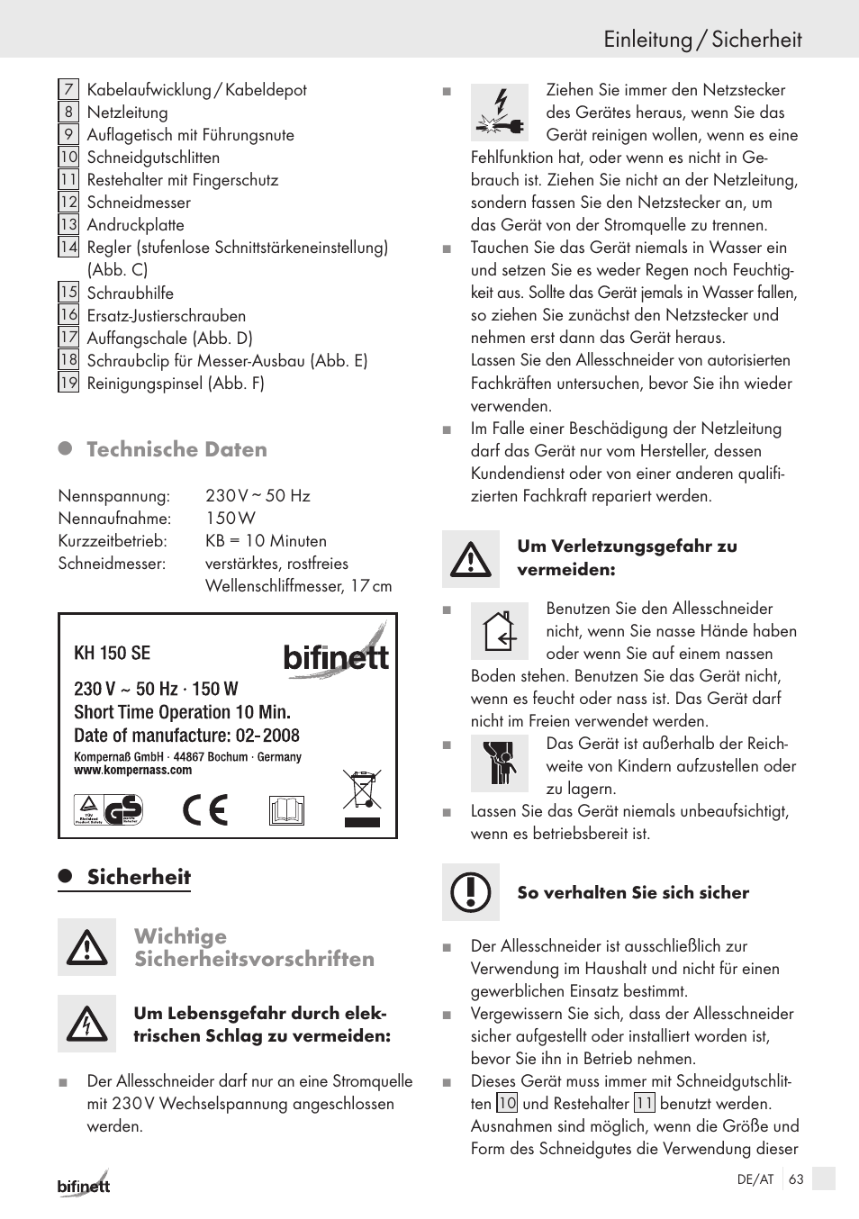 Einleitung / sicherheit, Technische daten, Sicherheit wichtige sicherheitsvorschriften | Bifinett KH 150 User Manual | Page 61 / 66