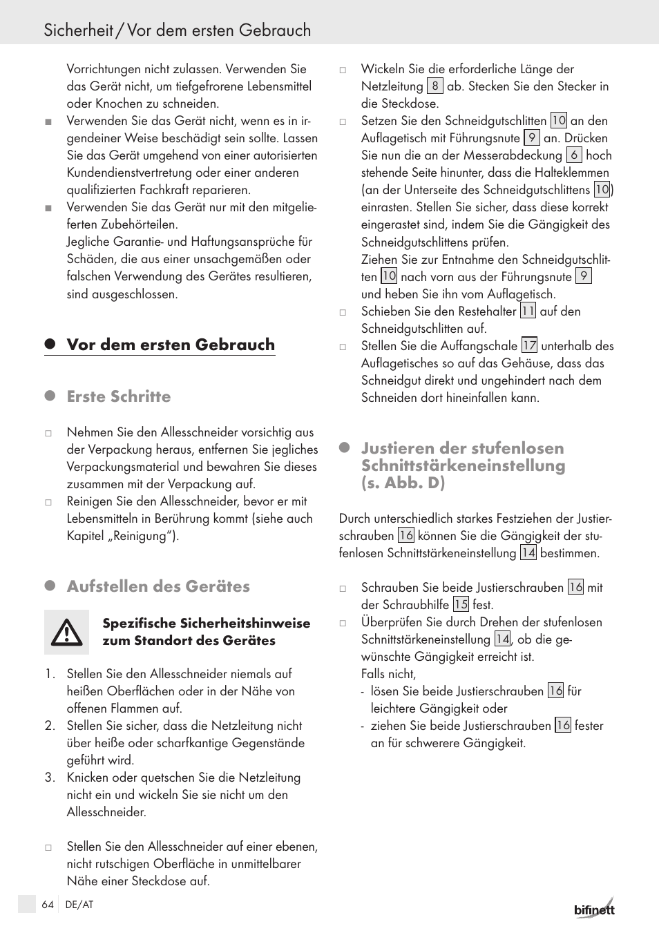 Sicherheit / vor dem ersten gebrauch, Vor dem ersten gebrauch, Erste schritte | Aufstellen des gerätes | Bifinett KH 150 User Manual | Page 62 / 66