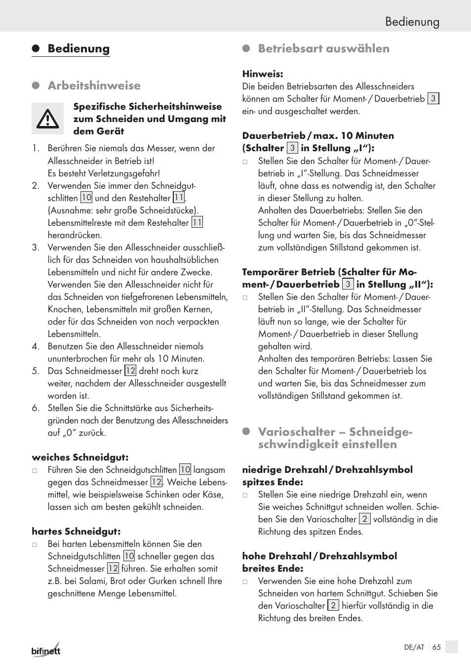Bedienung, Arbeitshinweise, Betriebsart auswählen | Bifinett KH 150 User Manual | Page 63 / 66