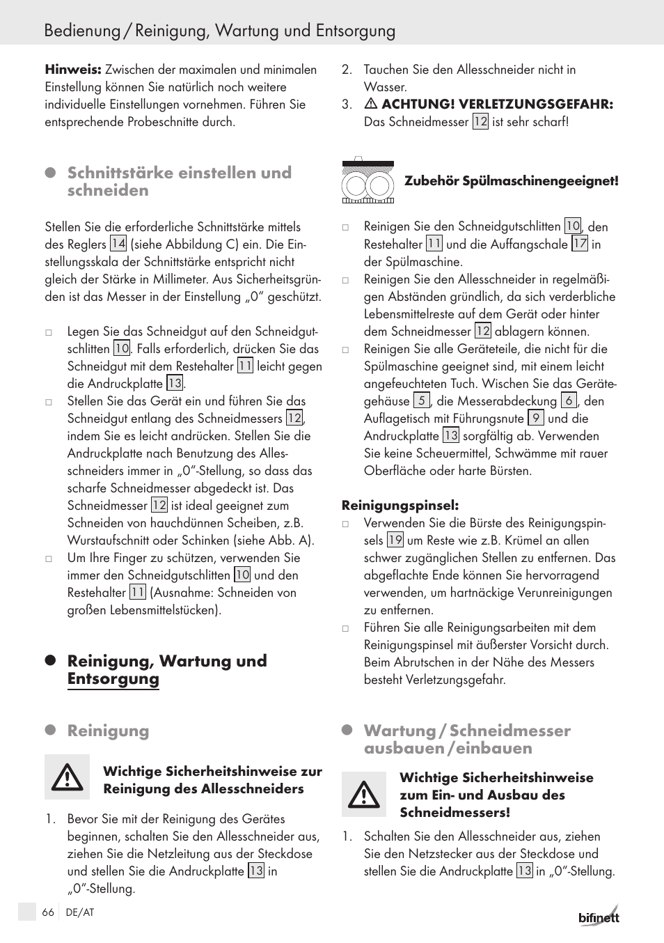 Bedienung / reinigung, wartung und entsorgung, Schnittstärke einstellen und schneiden, Reinigung, wartung und entsorgung | Reinigung, Wartung / schneidmesser ausbauen /einbauen | Bifinett KH 150 User Manual | Page 64 / 66