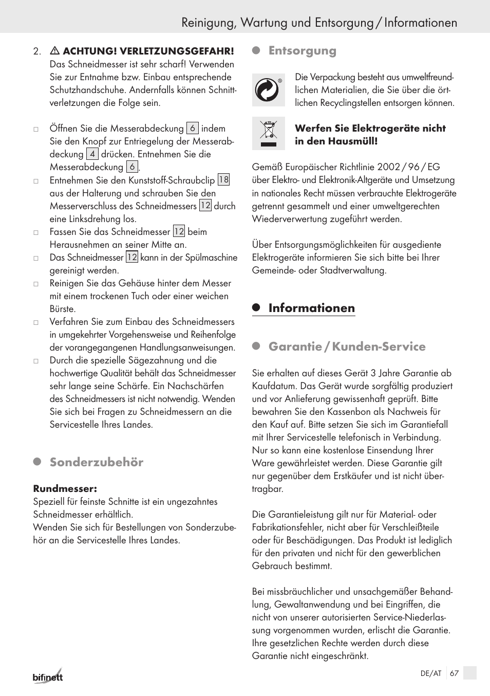 Reinigung, wartung und entsorgung / informationen, Sonderzubehör, Entsorgung | Informationen, Garantie / kunden-service | Bifinett KH 150 User Manual | Page 65 / 66