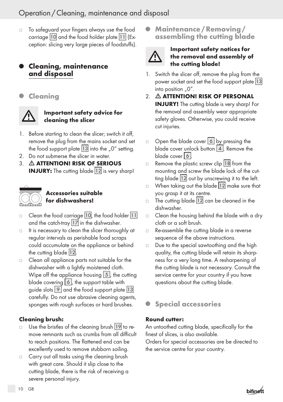 Operation / cleaning, maintenance and disposal, Cleaning, maintenance and disposal, Cleaning | Special accessories | Bifinett KH 150 User Manual | Page 8 / 66