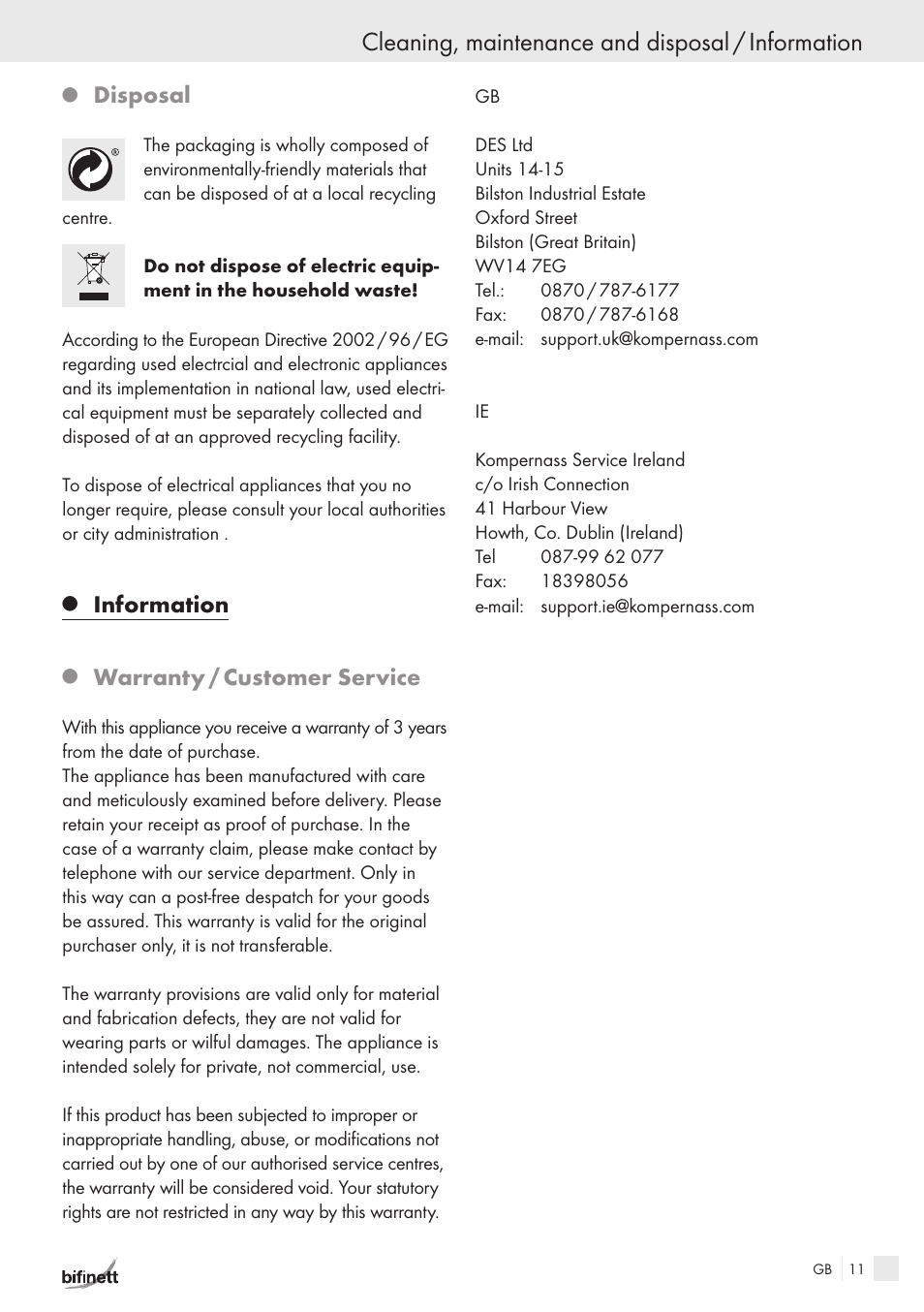 Cleaning, maintenance and disposal / information, Disposal, Information | Warranty / customer service | Bifinett KH 150 User Manual | Page 9 / 66
