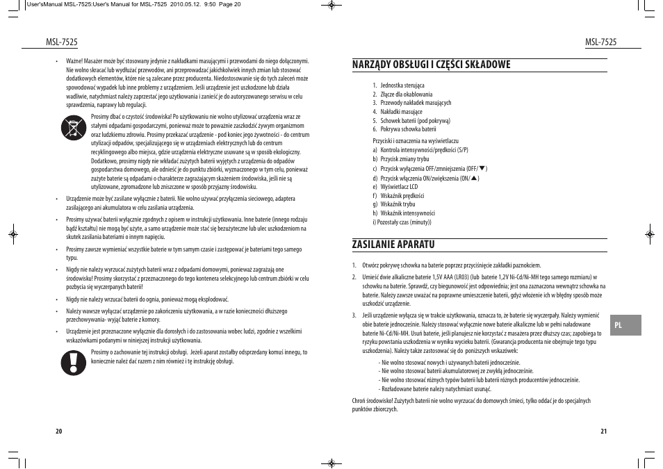 Narządy obsługi i części składowe, Zasilanie aparatu, Msl-7525 | Dyras MSL-7525 User Manual | Page 11 / 31