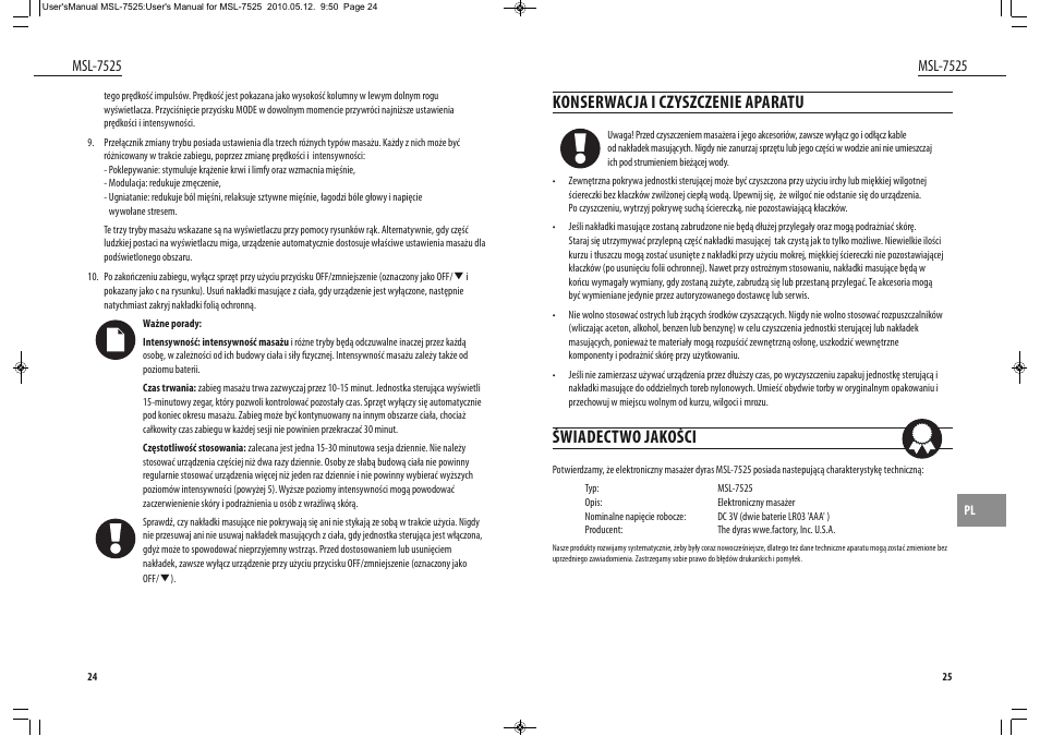 Konserwacja i czyszczenie aparatu, Świadectwo jakości, Msl-7525 | Dyras MSL-7525 User Manual | Page 13 / 31
