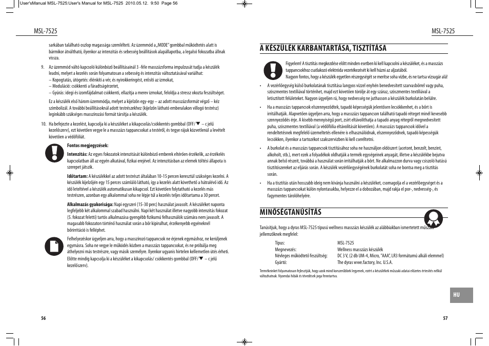 A készülék karbantartása, tisztítása, Minőségtanúsítás, Msl-7525 | Dyras MSL-7525 User Manual | Page 29 / 31
