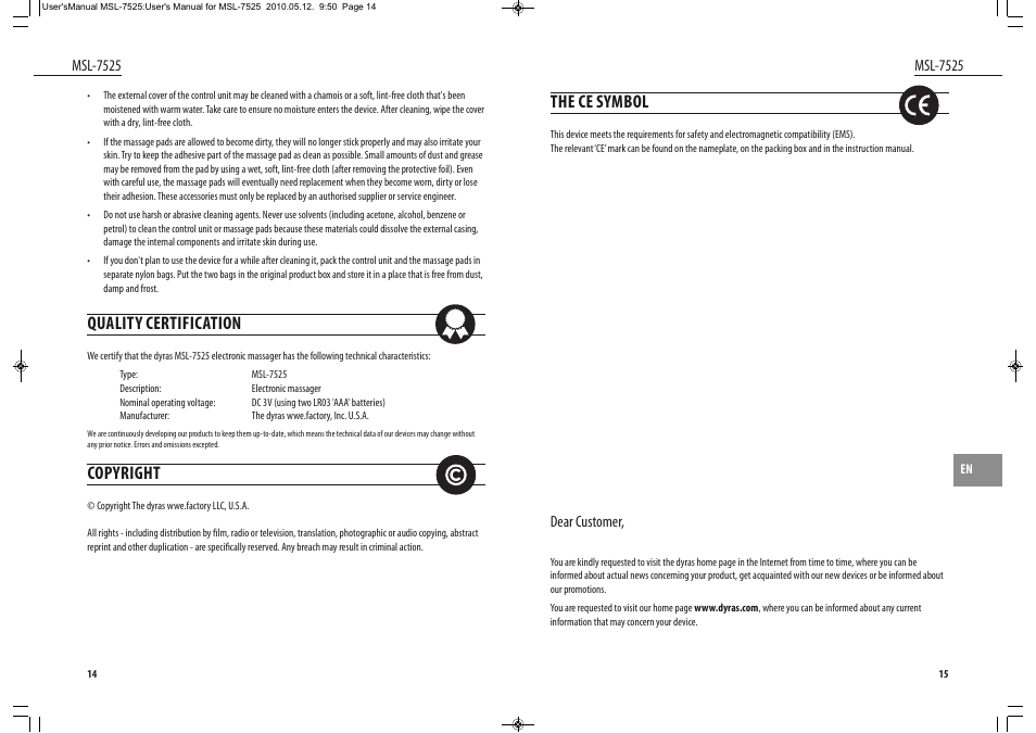 The ce symbol, Quality certification, Copyright | Dyras MSL-7525 User Manual | Page 8 / 31