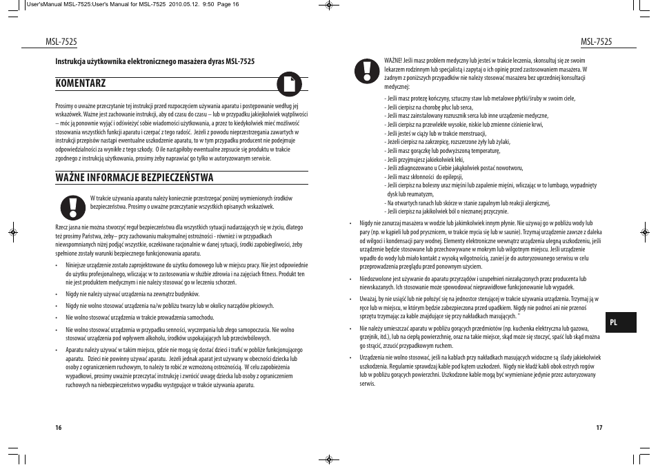Komentarz, Ważne informacje bezpieczeństwa | Dyras MSL-7525 User Manual | Page 9 / 31