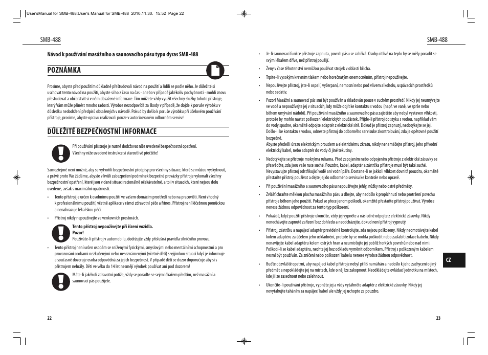 Poznámka, Důležité bezpečnostní informace, Smb-488 | Dyras SMB-488 User Manual | Page 12 / 25