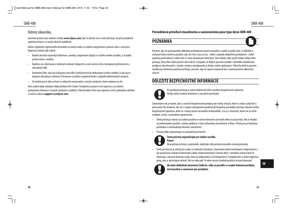 Poznámka, Dőležité bezpečnostné informácie | Dyras SMB-488 User Manual | Page 16 / 25