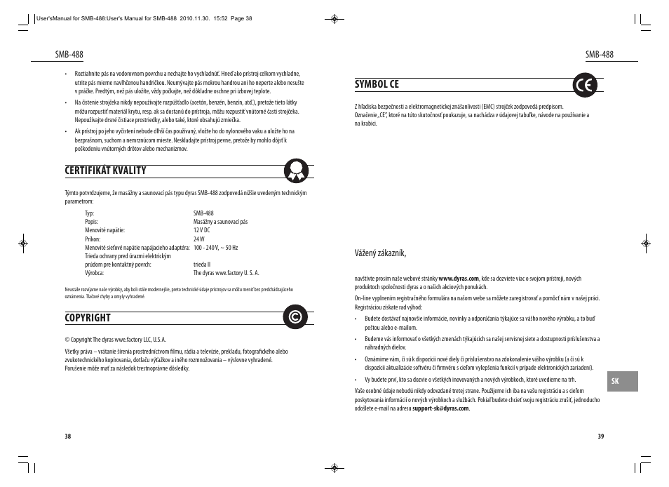 Certifikát kvality, Copyright, Symbol ce | Dyras SMB-488 User Manual | Page 20 / 25