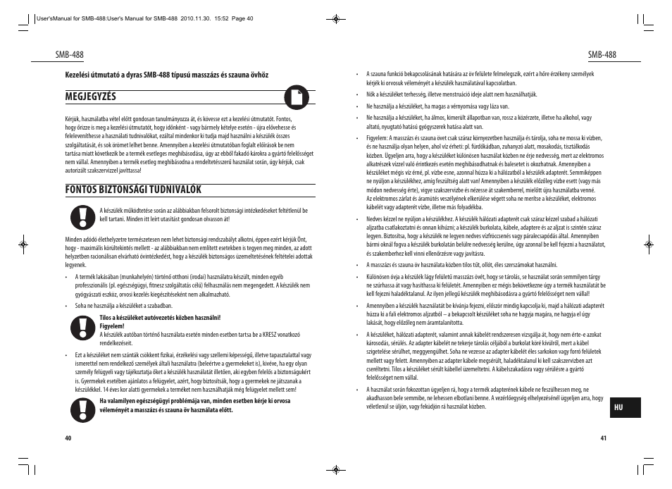 Megjegyzés, Fontos biztonsági tudnivalók, Smb-488 | Dyras SMB-488 User Manual | Page 21 / 25