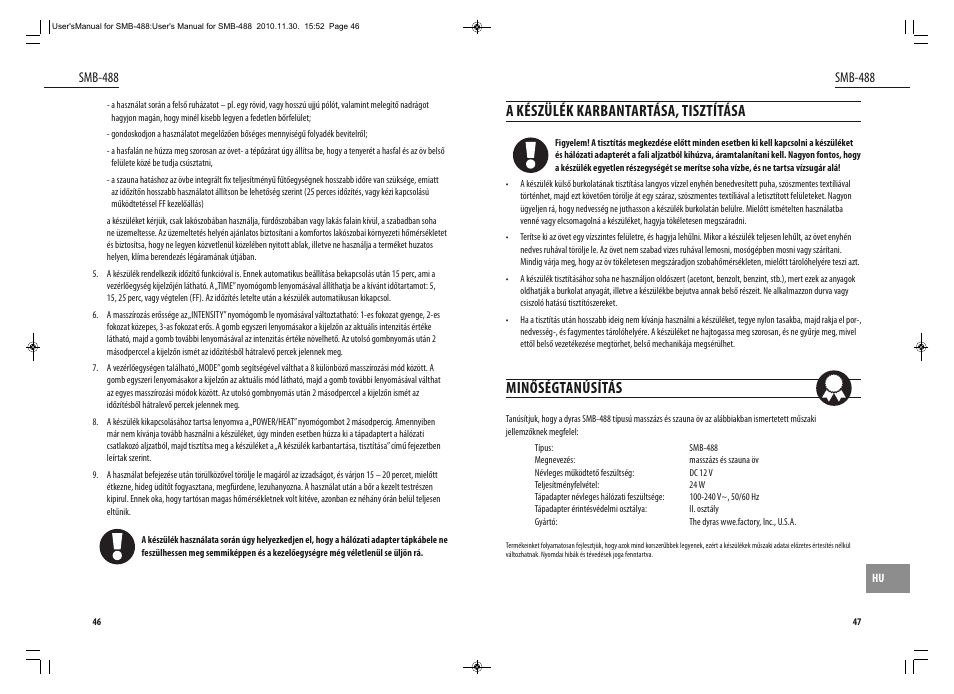 A készülék karbantartása, tisztítása, Minőségtanúsítás, Smb-488 | Dyras SMB-488 User Manual | Page 24 / 25