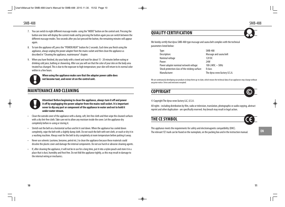 Quality certification, Copyright, The ce symbol | Maintenance and cleaning | Dyras SMB-488 User Manual | Page 6 / 25