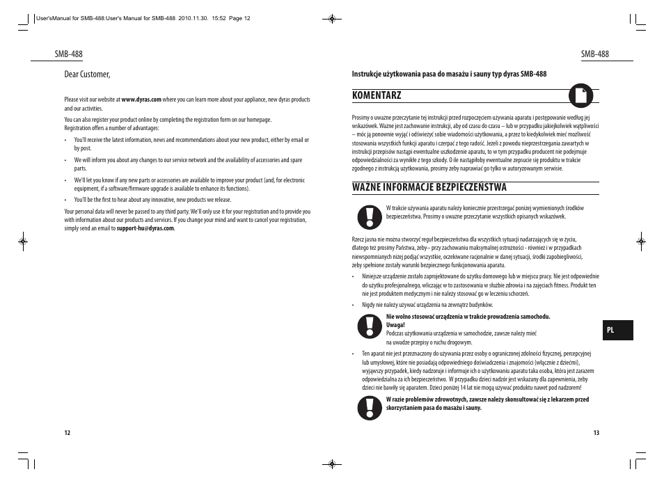 Komentarz, Ważne informacje bezpieczeństwa | Dyras SMB-488 User Manual | Page 7 / 25