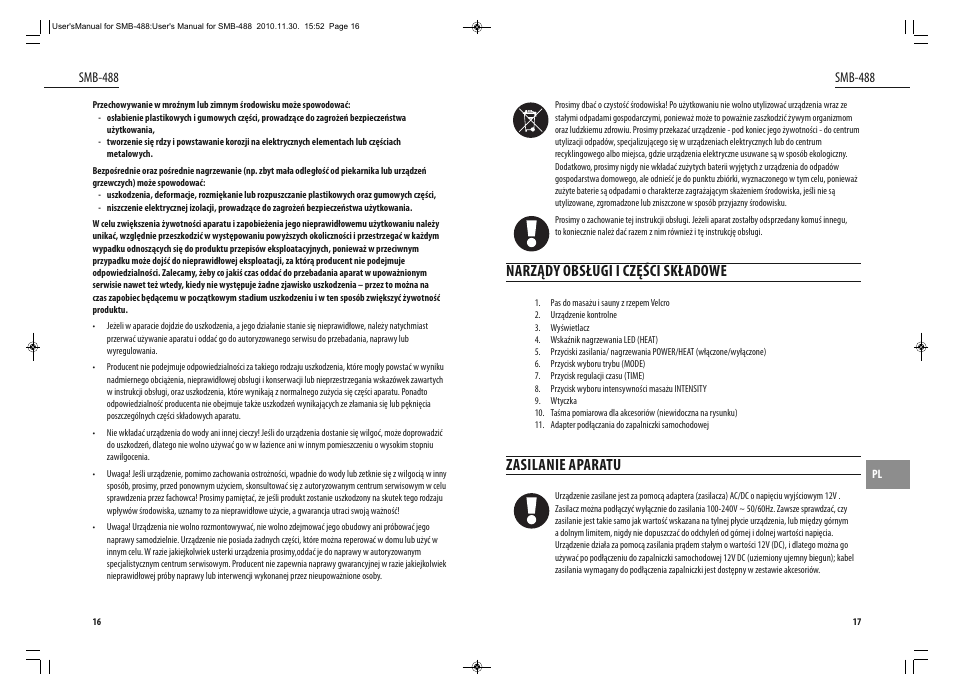 Narządy obsługi i części składowe, Zasilanie aparatu | Dyras SMB-488 User Manual | Page 9 / 25