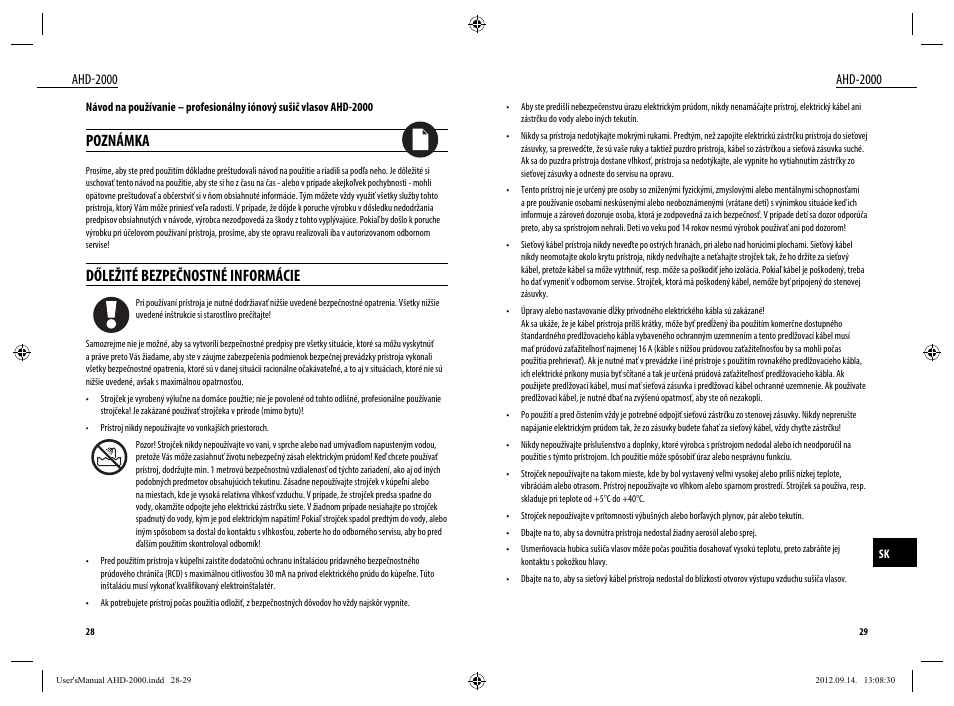 Poznámka, Dőležité bezpečnostné informácie, Ahd-2000 | Dyras AHD-2000 User Manual | Page 15 / 23