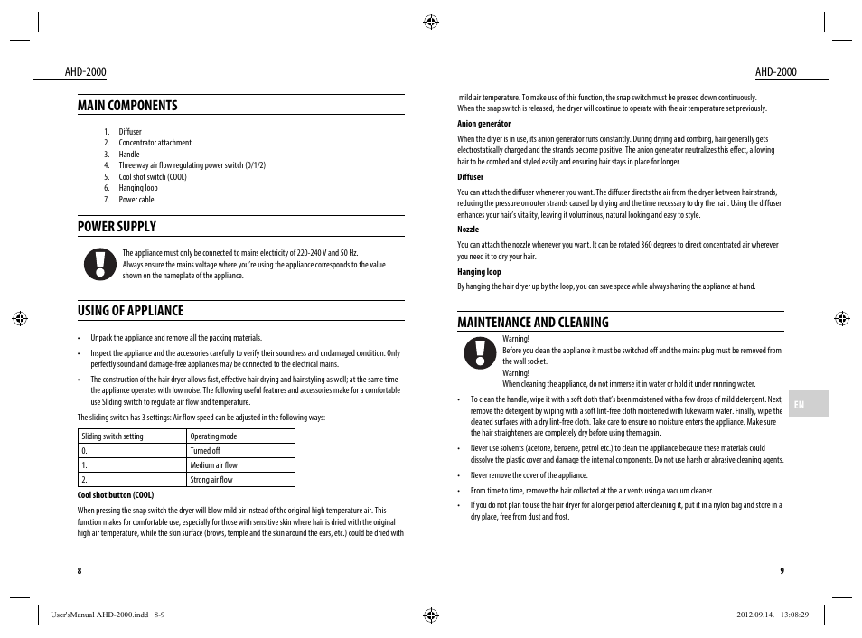 Maintenance and cleaning, Main components, Power supply | Using of appliance, Ahd-2000 | Dyras AHD-2000 User Manual | Page 5 / 23