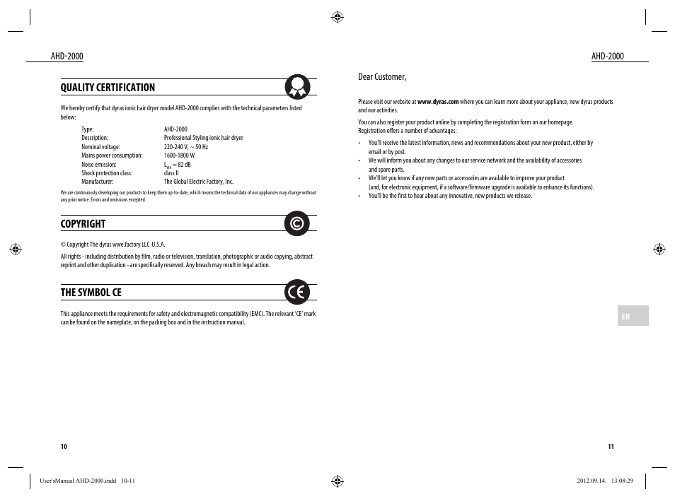 Quality certification, Copyright, The symbol ce | Ahd-2000, Dear customer | Dyras AHD-2000 User Manual | Page 6 / 23