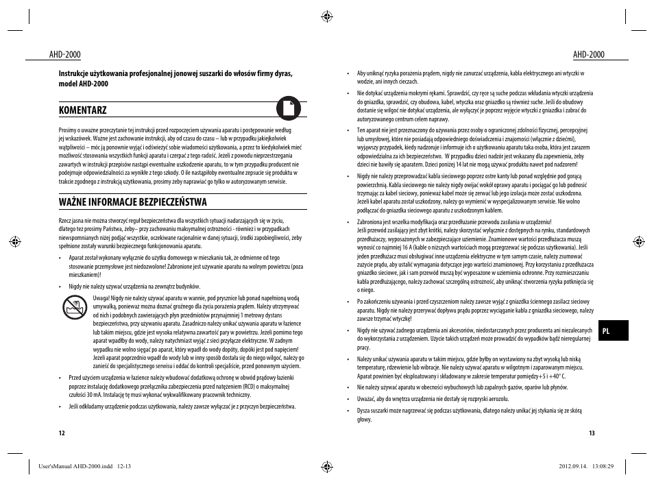 Komentarz, Ważne informacje bezpieczeństwa, Ahd-2000 | Dyras AHD-2000 User Manual | Page 7 / 23