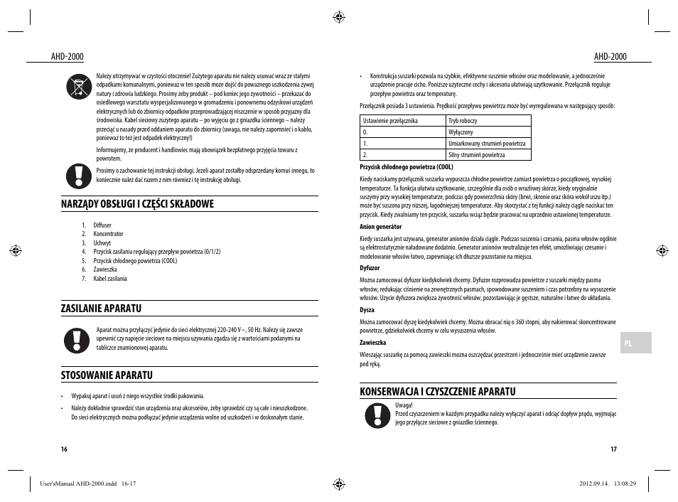 Konserwacja i czyszczenie aparatu, Narządy obsługi i części składowe, Zasilanie aparatu | Stosowanie aparatu | Dyras AHD-2000 User Manual | Page 9 / 23