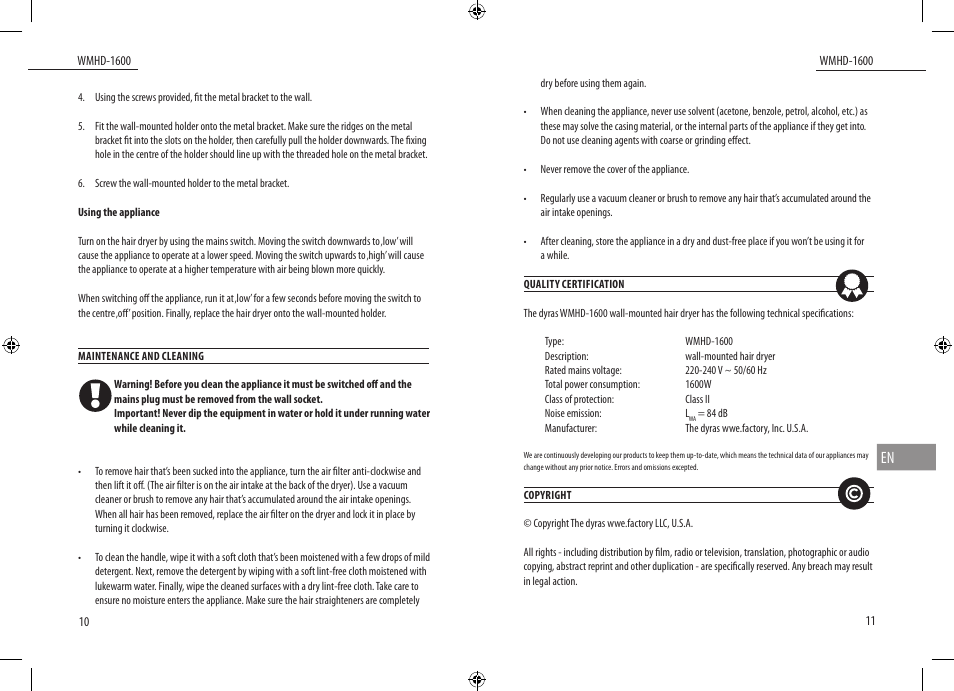 Dyras WMHD-1600 User Manual | Page 6 / 27