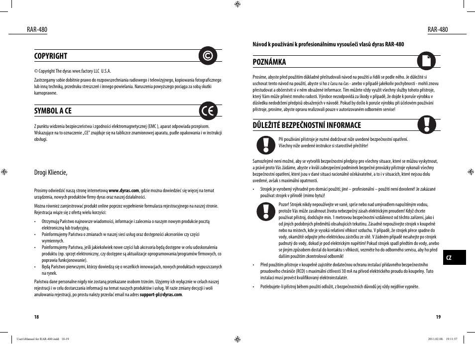 Copyright, Symbol a ce, Poznámka | Důležité bezpečnostní informace, Rar-480, Drogi kliencie | Dyras RAR-480 User Manual | Page 10 / 23