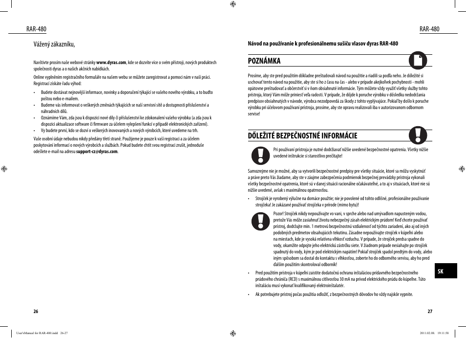 Poznámka, Dőležité bezpečnostné informácie, Rar-480 | Vážený zákazníku | Dyras RAR-480 User Manual | Page 14 / 23