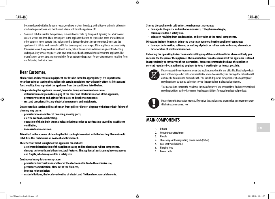 Main components, Dear customer, Rar-480 | Dyras RAR-480 User Manual | Page 4 / 23