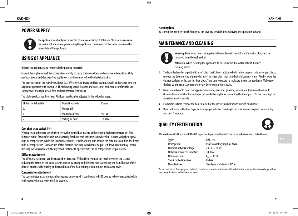 Maintenance and cleaning, Quality certification, Power supply | Using of appliance, Rar-480 | Dyras RAR-480 User Manual | Page 5 / 23