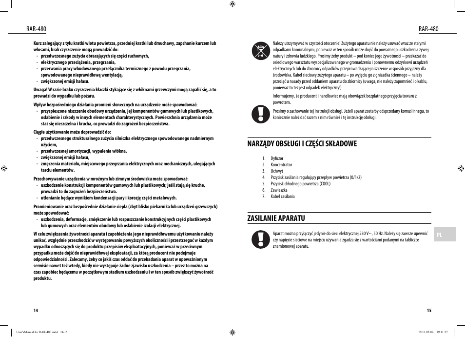 Narządy obsługi i części składowe, Zasilanie aparatu, Rar-480 | Dyras RAR-480 User Manual | Page 8 / 23
