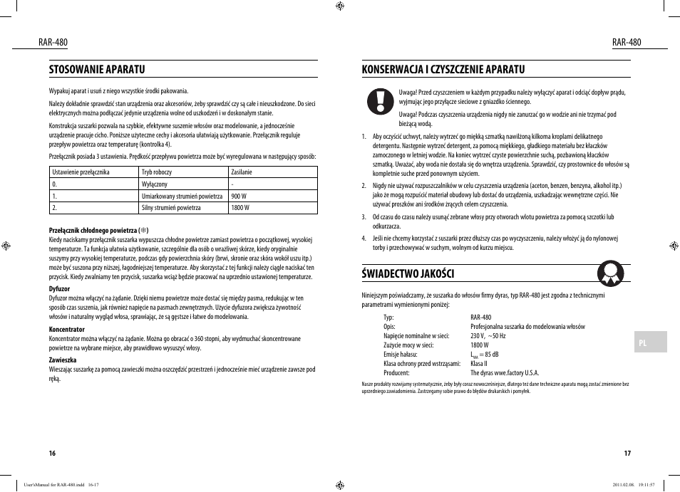 Stosowanie aparatu, Konserwacja i czyszczenie aparatu, Świadectwo jakości | Rar-480 | Dyras RAR-480 User Manual | Page 9 / 23