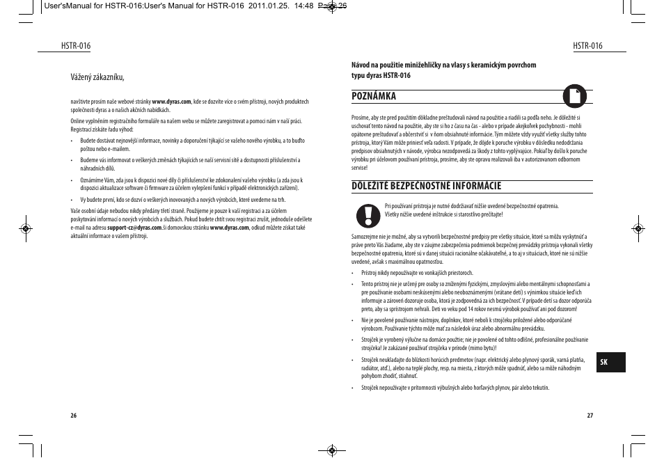 Poznámka, Dôležité bezpečnostné informácie | Dyras HSTR-016 User Manual | Page 14 / 23