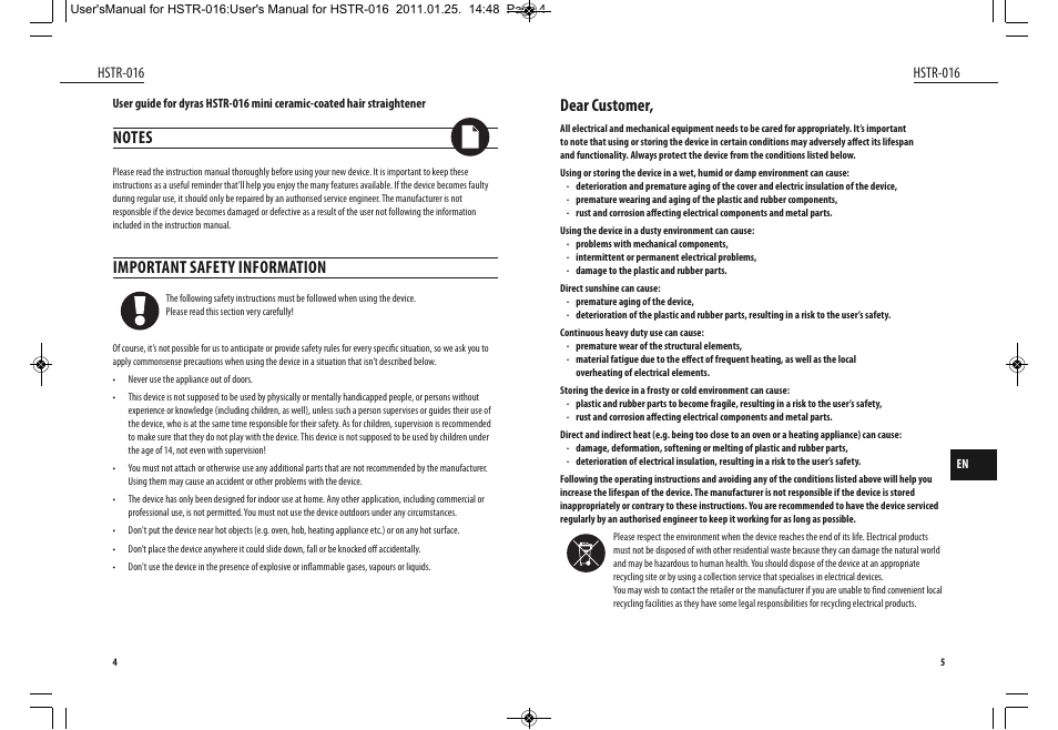 Important safety information, Dear customer | Dyras HSTR-016 User Manual | Page 3 / 23