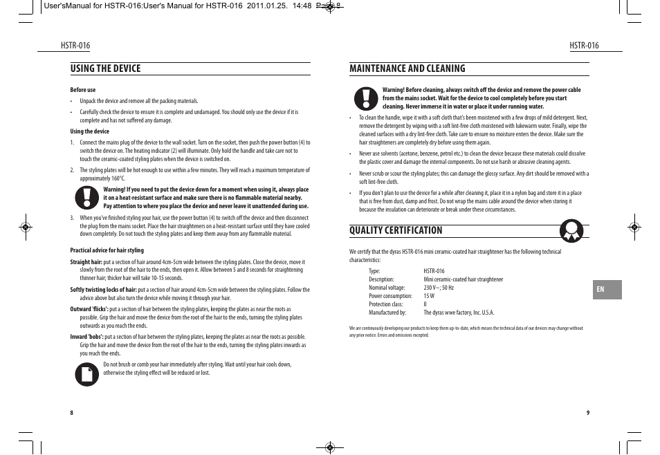 Using the device, Maintenance and cleaning, Quality certification | Hstr-016 | Dyras HSTR-016 User Manual | Page 5 / 23