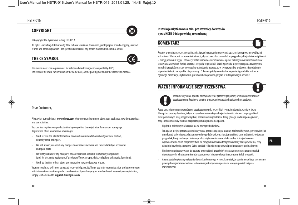 Komentarz, Ważne informacje bezpieczeństwa, Copyright | The ce symbol | Dyras HSTR-016 User Manual | Page 6 / 23