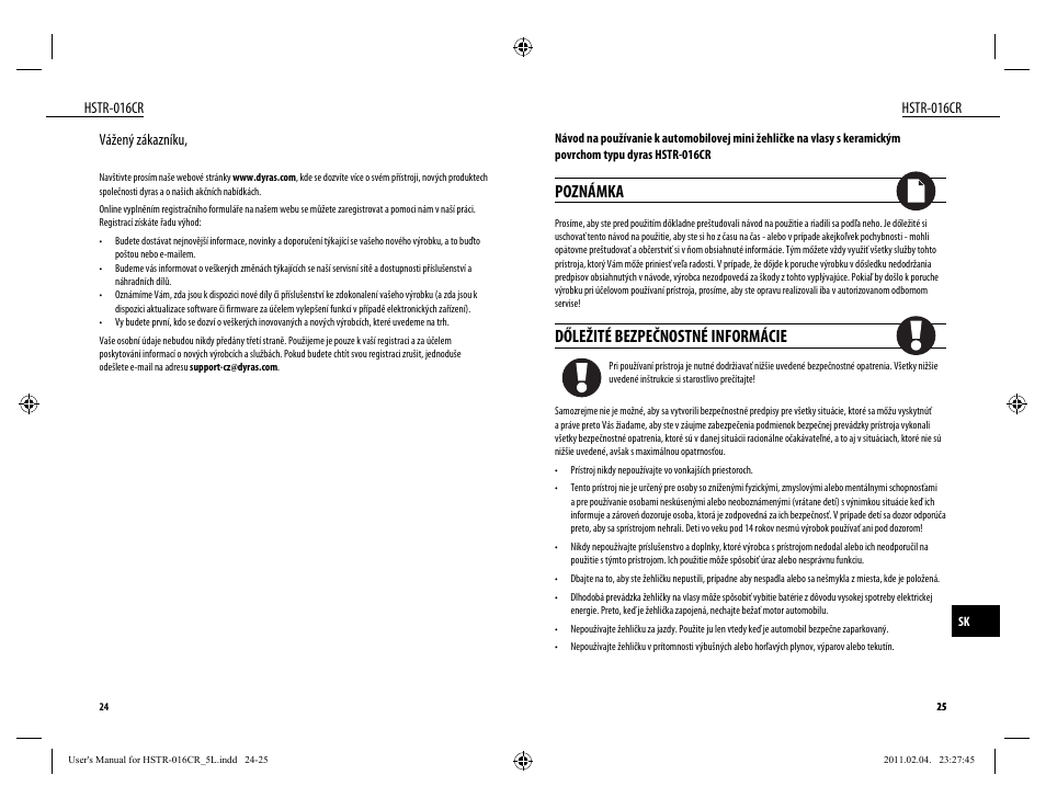 Poznámka, Dőležité bezpečnostné informácie | Dyras HSTR-016CR User Manual | Page 13 / 21