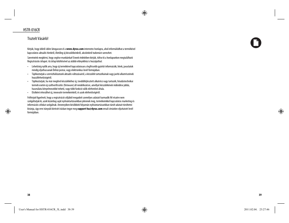 Hstr-016cr, Tisztelt vásárló | Dyras HSTR-016CR User Manual | Page 20 / 21
