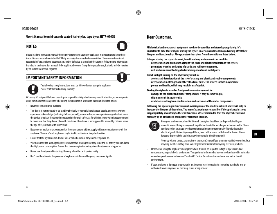 Dear customer, Important safety information | Dyras HSTR-016CR User Manual | Page 3 / 21