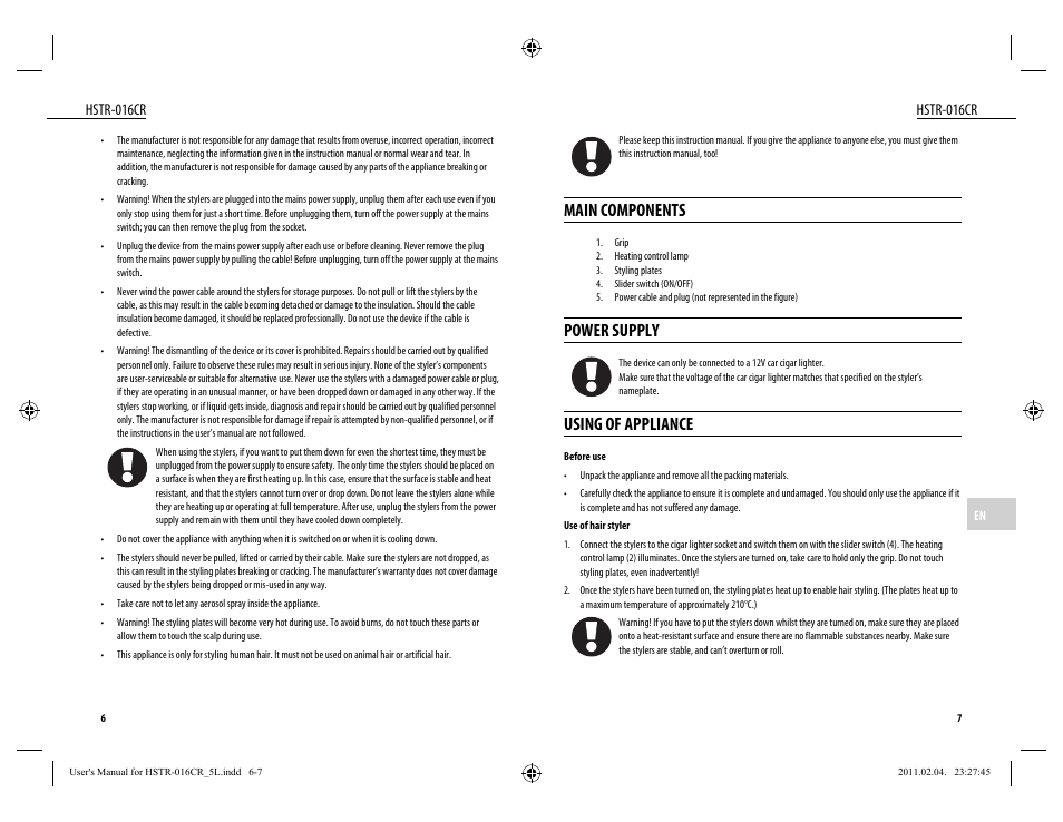 Main components, Power supply, Using of appliance | Hstr-016cr | Dyras HSTR-016CR User Manual | Page 4 / 21