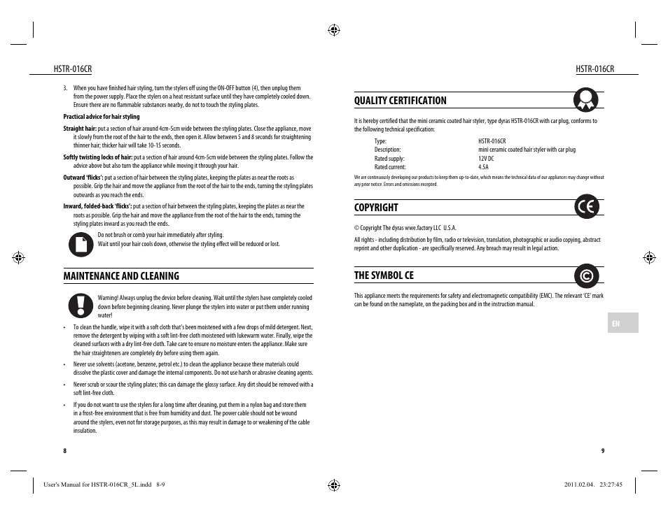 Quality certification, Copyright, The symbol ce | Maintenance and cleaning | Dyras HSTR-016CR User Manual | Page 5 / 21