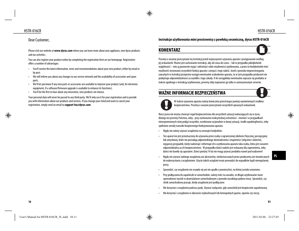 Komentarz, Ważne informacje bezpieczeństwa | Dyras HSTR-016CR User Manual | Page 6 / 21