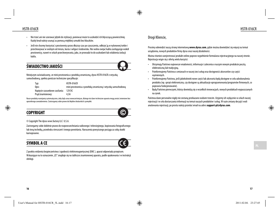 Świadectwo jakości, Copyright, Symbol a ce | Dyras HSTR-016CR User Manual | Page 9 / 21