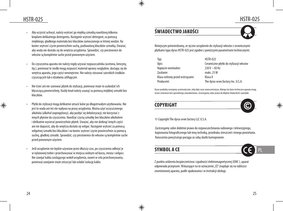 Hstr-025, Świadectwo jakości, Copyright | Symbol a ce | Dyras HSTR-025 User Manual | Page 13 / 31