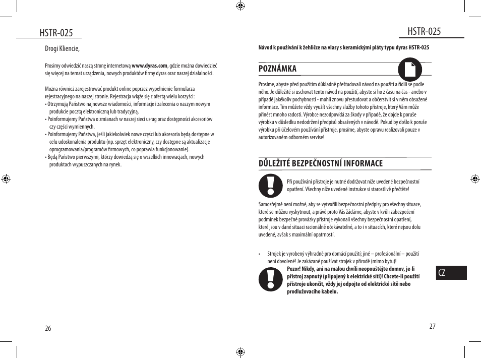 Hstr-025, Poznámka, Důležité bezpečnostní informace | Dyras HSTR-025 User Manual | Page 14 / 31