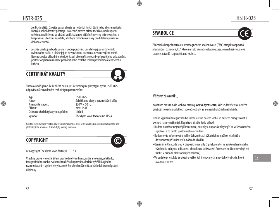 Hstr-025, Certifikát kvality, Copyright | Symbol ce | Dyras HSTR-025 User Manual | Page 19 / 31