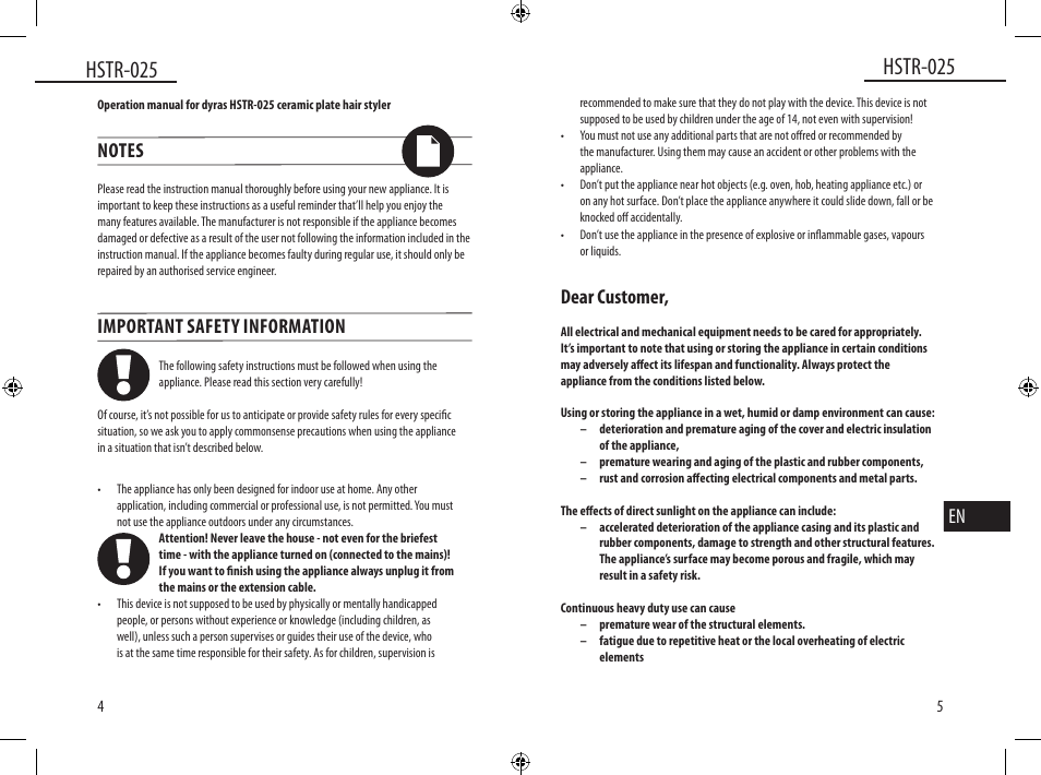 Hstr-025, Important safety information, Dear customer | Dyras HSTR-025 User Manual | Page 3 / 31