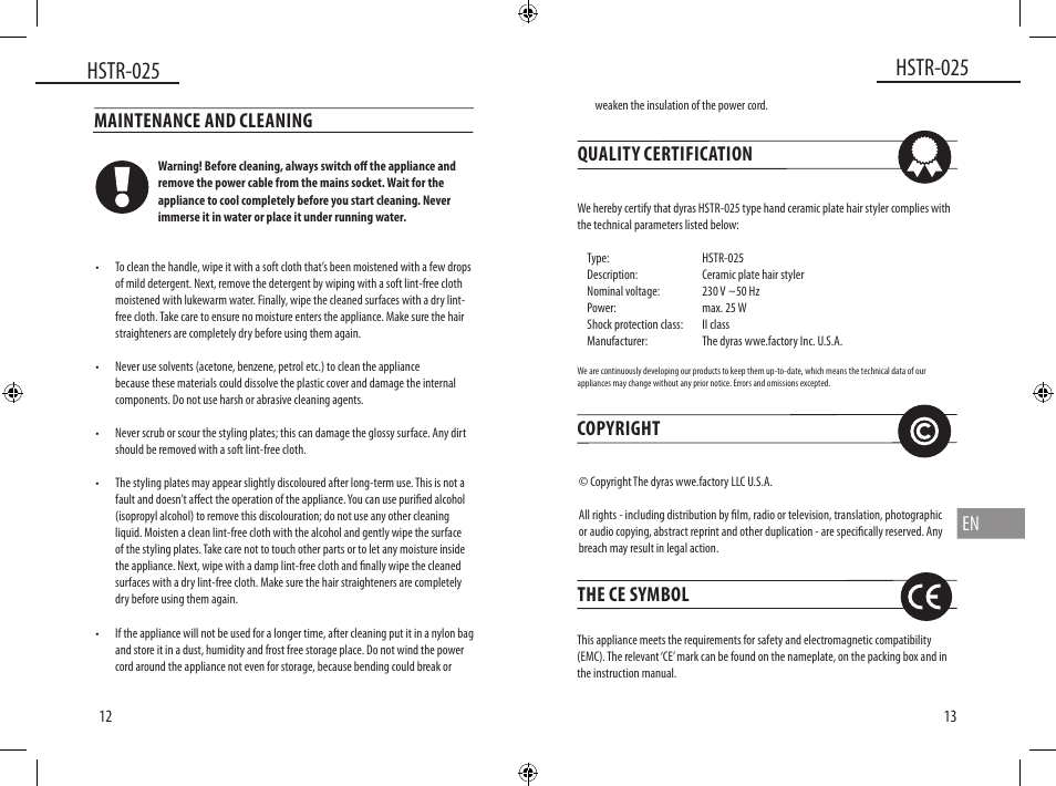 Hstr-025, En maintenance and cleaning, Quality certification | Copyright, The ce symbol | Dyras HSTR-025 User Manual | Page 7 / 31
