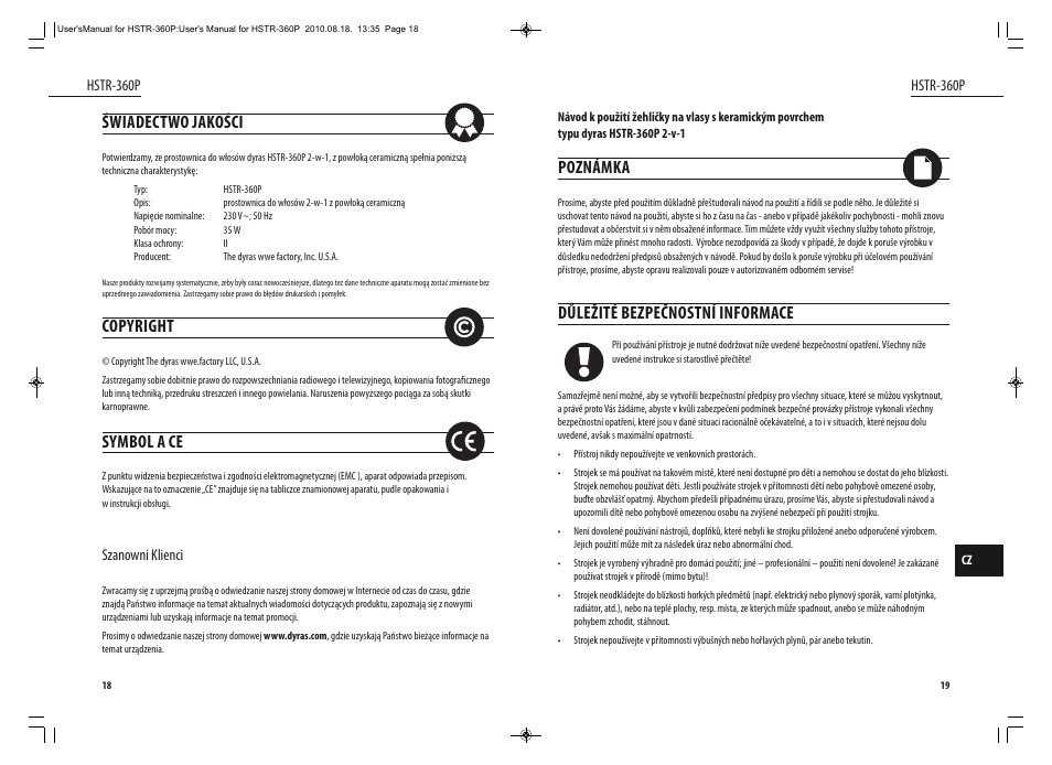 Poznámka, Důležité bezpečnostní informace, Świadectwo jakości | Copyright, Symbol a ce | Dyras HSTR-360P User Manual | Page 10 / 23