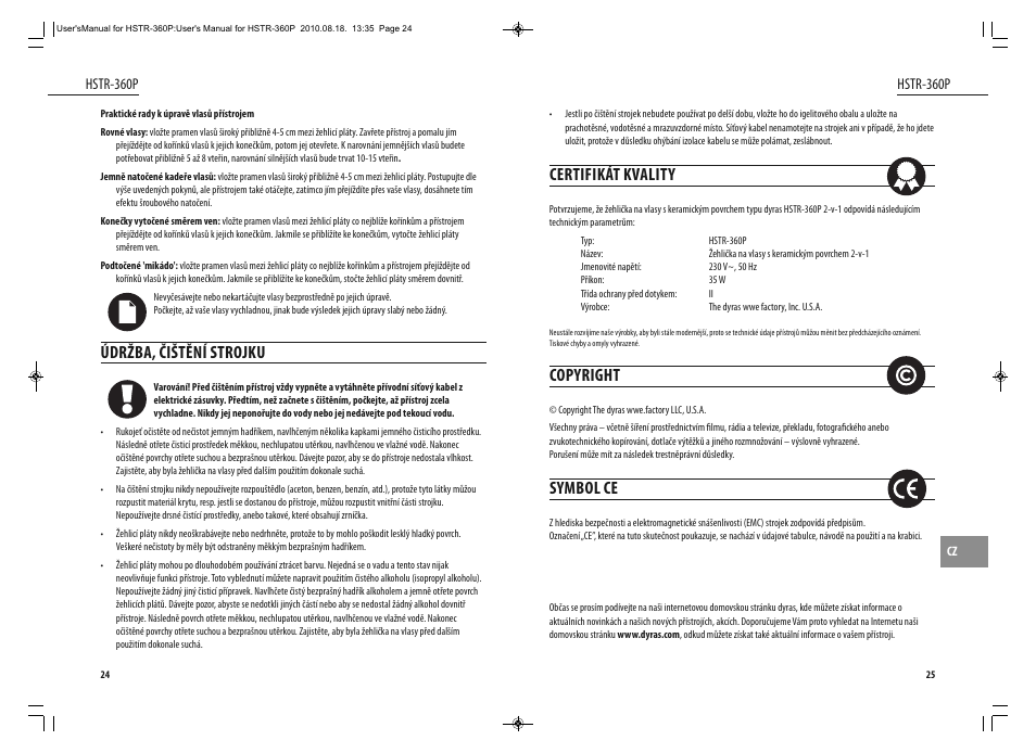 Certifikát kvality, Copyright, Symbol ce | Údržba, čištění strojku | Dyras HSTR-360P User Manual | Page 13 / 23